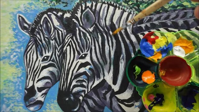 professional artist hobby hand drawn original impressionism art oil color painting zebra horse pony equine steed gee-gee background mixing palette and paintbrush school of art studying academy 