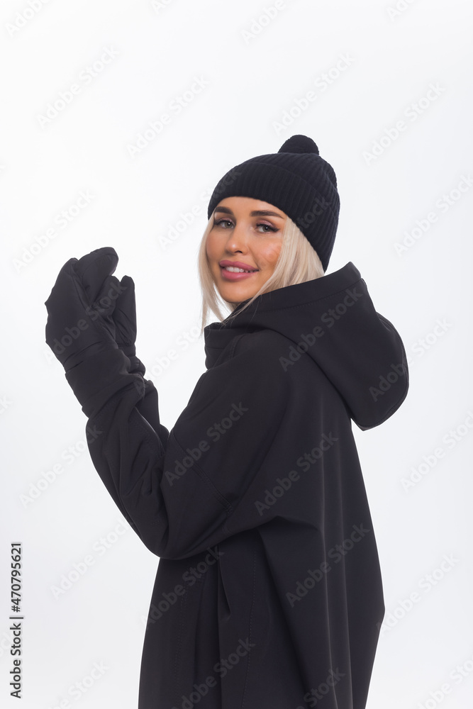 Wall mural skier happy caucasian satisfied smiling woman 20s wear warm padded windbreaker jacket ski.