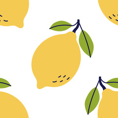 Lemon fruit seamless pattern. Hand drawn vector illustration. Exotic food. Yellow citrus with leaves