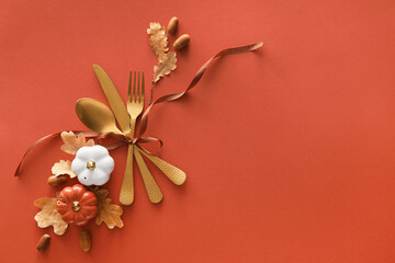 Autumn composition with stylish cutlery on brown background - Powered by Adobe