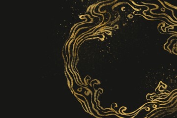 海のイメージ・金色の輪の波文様の和風抽象背景　黒背景　江戸　丸　渦　筆　水しぶき　スペース　ダーク