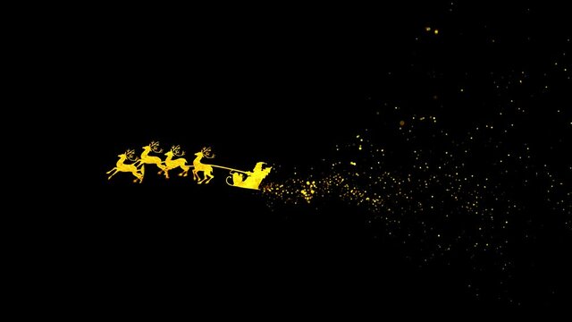 santa claus and his reindeer flying on black background  leaves behind gold  dust, glitter, sand, particles, confetti. Santa Claus and his reindeer flying in the sky. Holiday background.