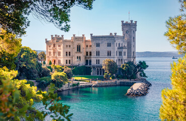 Beautiful summer view of Miramare Castle. Adorable  morning seascape of Adriatic sea. Spectacular...
