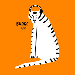vector isolated black and white tiger with headphone and humor lettering. Trendy symbol of the new year 2022.Christmas poster and card.Funky groove style.Funny bizarre sticker flat animal tiger