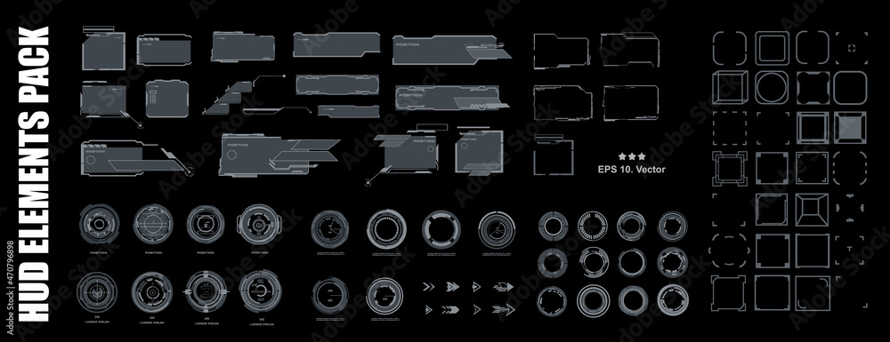 Poster set technology elements frames, circle pointers, targets for game user interface hud. high-tech gami