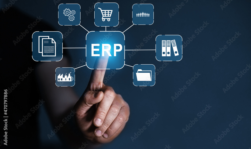 Poster enterprise resource planning or erp concept. business man pointing icons on digital virtual screen.d