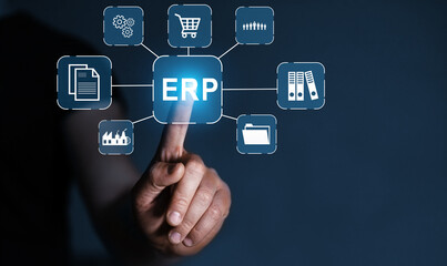 Enterprise Resource Planning or ERP concept. Business man pointing icons on digital virtual screen.Document management system.	