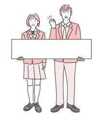 シンプル　イラスト　メッセージボードを持つ学生の男女 - obrazy, fototapety, plakaty