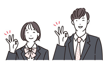 シンプル　イラスト　OKサインをする男子高校生と女子高校生