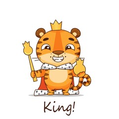 Naklejka premium Cute little king tiger in mantle and crown. Postcard in cartoon kawaii style. Vector for design, banners, children's books and patterns
