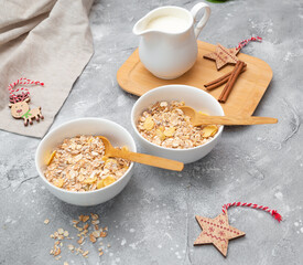 oatmeal with milk and nuts on christmas holidays