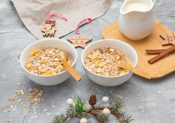 oatmeal and milk on light grey table, new year's morning