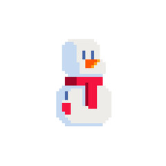 Funny snowman character. Pixel art. Design of 80s. Flat style. Game assets. 8-bit. Isolated vector illustration.