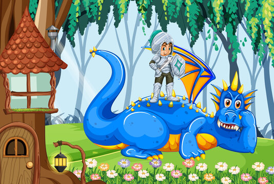 Dragon and knight in enchanted forest background