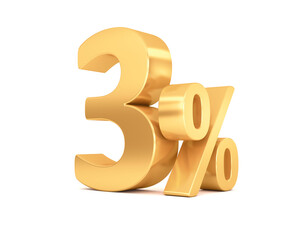 3% discount on sale. Golden three percent isolated on white background. 3d rendering.