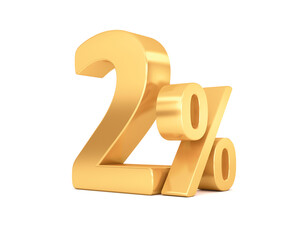 2% discount on sale. Golden two percent isolated on white background. 3d render.