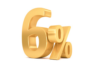 6% discount on sale. Golden six percent isolated on white background. 3d rendering.