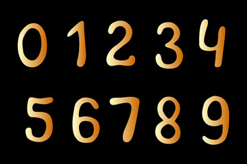 Vector hand drawn gold numbers from zero to nine in doodle flat style. Maths symbols, signs