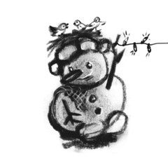 Snowman. A caricature of Emotions on the face. Winter is outside. PRINTING, sublimation. A Christmas character. An unusual New Year's greeting. Graphic Clipart. Hatching of a silhouette spot.