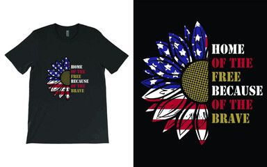 Home of the free because of the brave USA Flag Sunflower Vector Design. 4th of July Shirt, patriotic sunflower T-Shirt. - obrazy, fototapety, plakaty
