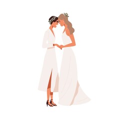 Fototapeta premium Lesbian love couple wedding. Homosexual women newlyweds in dresses. Marriage of LGBT brides. Happy same-sex wives. Married LGBTQ partners. Flat vector illustration isolated on white background