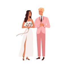 Newlywed couple of man and woman. Married bride and groom. Romantic marriage of love partners. Happy husband in suit and wife in wedding dress. Flat vector illustration isolated on white background