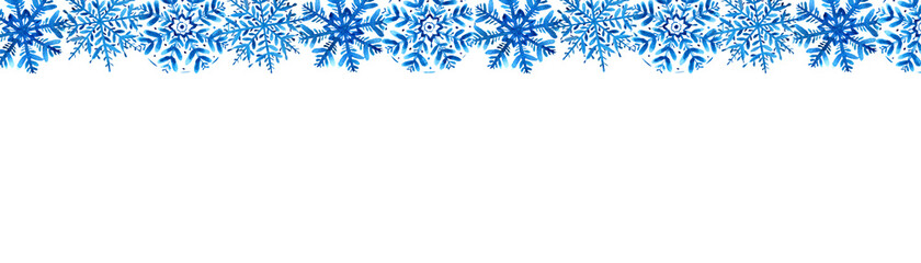 Fototapeta na wymiar Winter background with blue watercolor snowflakes on the top on white. Long rectangle.