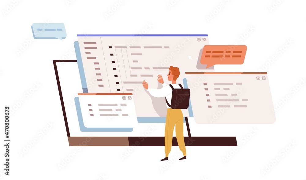 Aufkleber Coder work under software development. Backend developer coding. Programmer student, screen and abstract computer language. Programming concept. Flat vector illustration isolated on white background