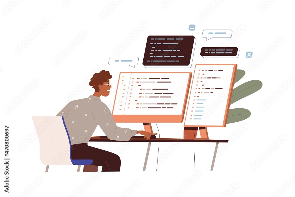 Poster Software developer work with program code. Programmer and monitors with abstract computer language script. Backend development concept. Flat vector illustration of coder isolated on white background
