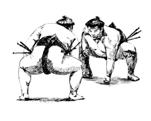 Sumo Japanese martial arts tradition of Japan two wrestlers black and white graphic sketch drawing. Vector illustration