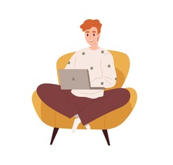Happy person with laptop computer, sitting in armchair. Freelance worker at online remote work. Freelancer working through internet at home. Flat vector illustration isolated on white background - obrazy, fototapety, plakaty