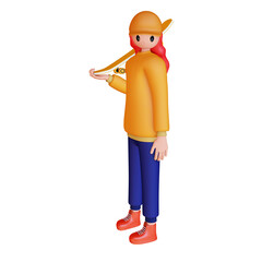 3d female character holding skateboard on shoulder