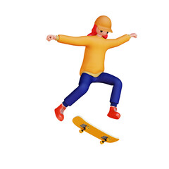 3d female character and skateboard jumping in the air