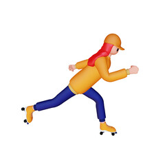 3d excited female character rollerboarding