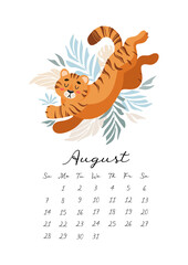 Calendar 2022. Month August. Cute lying tiger growls roar childrens vector illustration in cartoon style. International Tiger Day. Symbol Chinese New Year 2022 For calendar, planner, note