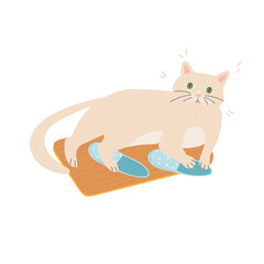 Cute cat lies on slippers and waits. Home sweet home.  Cartoon vector illustrations. 
