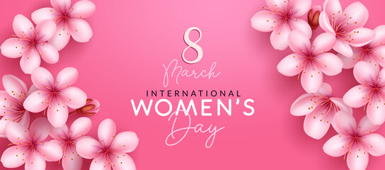 Fototapeta na wymiar Women's day vector design. International womens day text in copy space with pink flowers decoration element for march 8 celebration greeting messages. Vector illustration. 