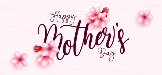 Fototapeta na wymiar Mother's day vector concept design. Happy mothers day text with pink feminine flowers element in texture background for mom parent celebration card messages . Vector illustration. 