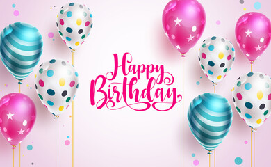 Birthday balloons vector background design. Happy birthday greeting text with colorful floating pattern balloon element in pink space for birth day party celebration. Vector illustration.
