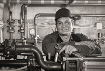 Repair engineer for heating system equipment in the basement of a building, portrait. Plumbing,...