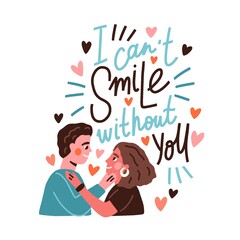 Happy love couple and lettering composition for Valentines day. Smiling enamored man and woman, hearts and romantic phrase for 14 February. Flat vector illustration isolated on white background