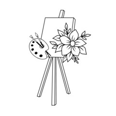 Easel with palette of colors and flower. Line vector illustration isolated on white background. Floral Logo for artist in online style.