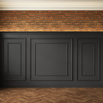 Classic loft interior with black wall panel, moldings and brick wall. 3d render illustration mockup.