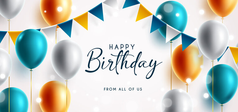Birthday party vector background design. Happy birthday greeting text with celebration elements like balloons and pennants for celebrating birth day decoration. Vector illustration.
