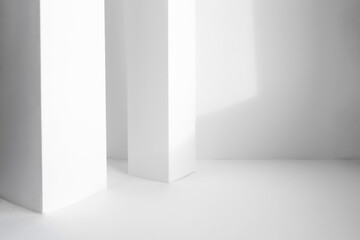 Abstract white 3d studio background for product presentation. Empty gray room with shadows of window. Display product with blurred backdrop.