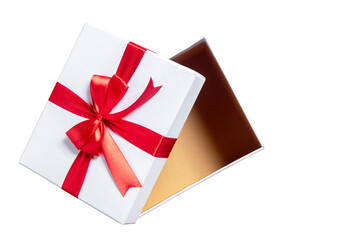 Opened white gift box with red ribbon