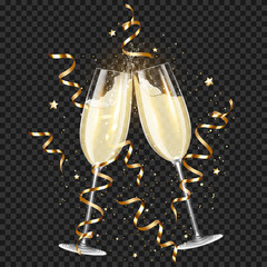 Transparent realistic two glasses of champagne with ribbons and confetti, for dark background, isolated. © Aliona Manakova