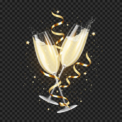 Transparent realistic two glasses of champagne with ribbons and confetti, for dark background, isolated. © Aliona Manakova