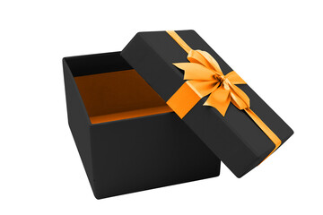 Opened black gift box with golden ribbon