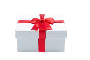 White gift box with red ribbon